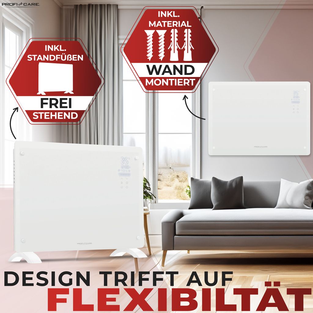 ProfiCare® Elektroheizung Mit Glasfront & X-Heizelement – Mobiler Konvektor, 2 Heizstufen, Lautlos (0 DB), Auch Für Wandmontage, Schwarz (PC-GKH 3119)