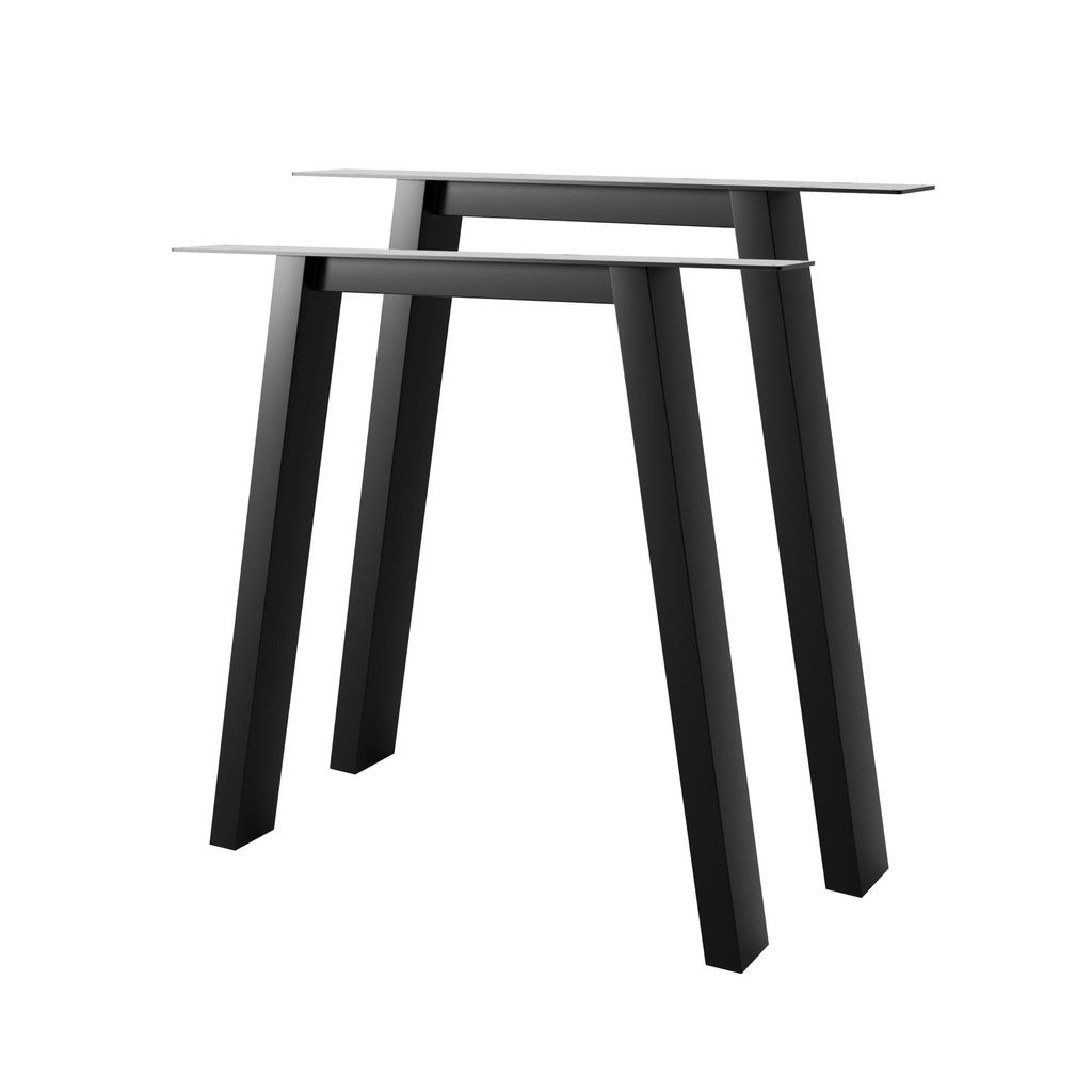 Two black metal table legs against a white background.