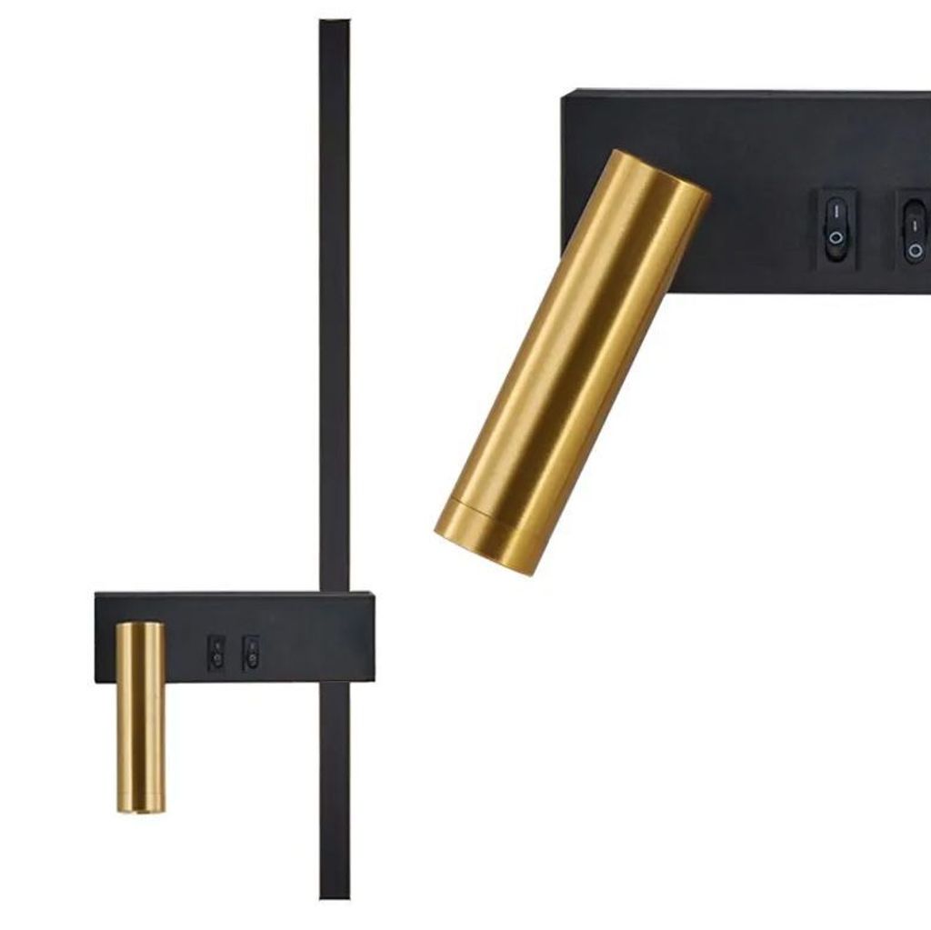 A product image of a black and gold wall lamp with two light fixtures.