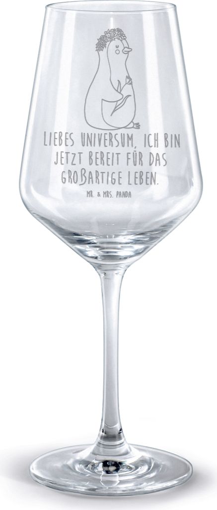 Mr. & Mrs. Panda Weinglas Pinguin Blumen - Transparent - Geschenk, graviert, Positiv, glas für rotwein, Blumenkranz, wein, Rotweinglas mit Gravur,...