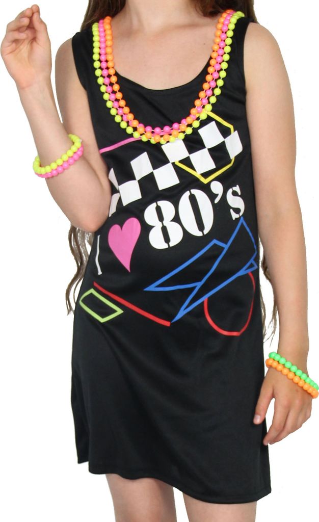 80er Kleid schwarz kurz mit 80s Druck Damenkostüm, Größe:XXL