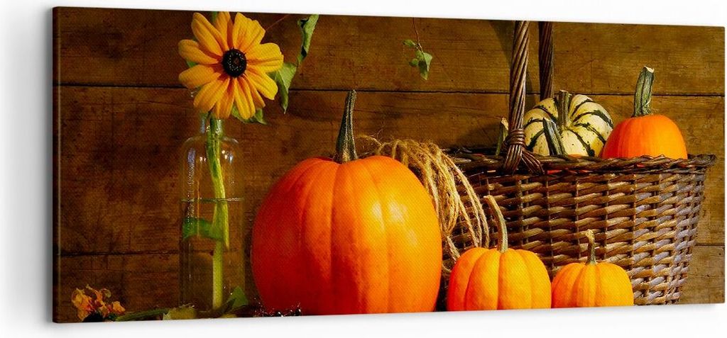 Bild auf Leinwand - Leinwandbild - Herbst Folk Tradition Kürbisse - 120x50cm - Wand Bild - Wanddeko - Leinwanddruck - Bilder - Kunstdruck - Wandde...