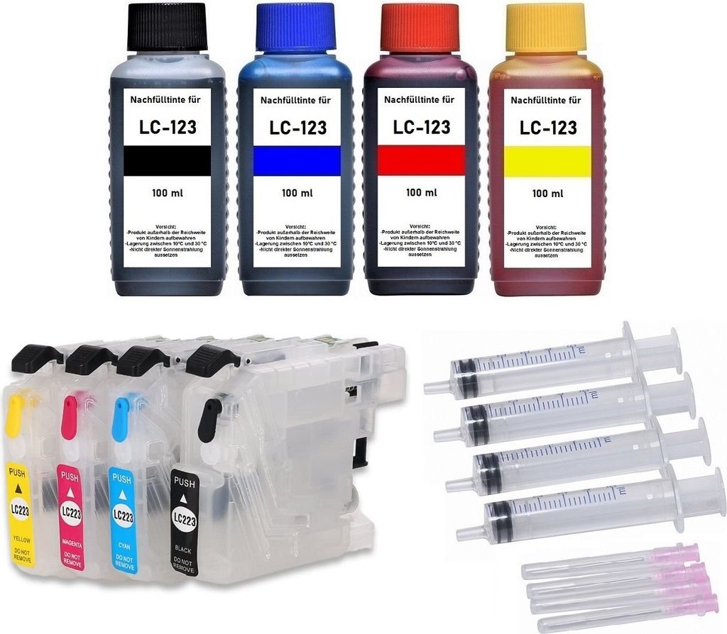nachfüllbare Tintenpatronen kompatibel mit Brother LC-123 + 4 x 100 ml Nachfülltinte für DCP-J132-J152-J172-J4110-J552-J752-J245 MFC-J4310-J4410...
