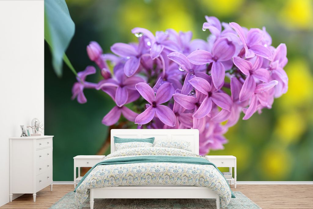 MuchoWow Fototapete für Wohnzimmer oder Schlafzimmer Wandtapete Vinyl Motivtapete Tautropfen auf einer fliederfarbenen Blüte - 600x400 cm - Vin...