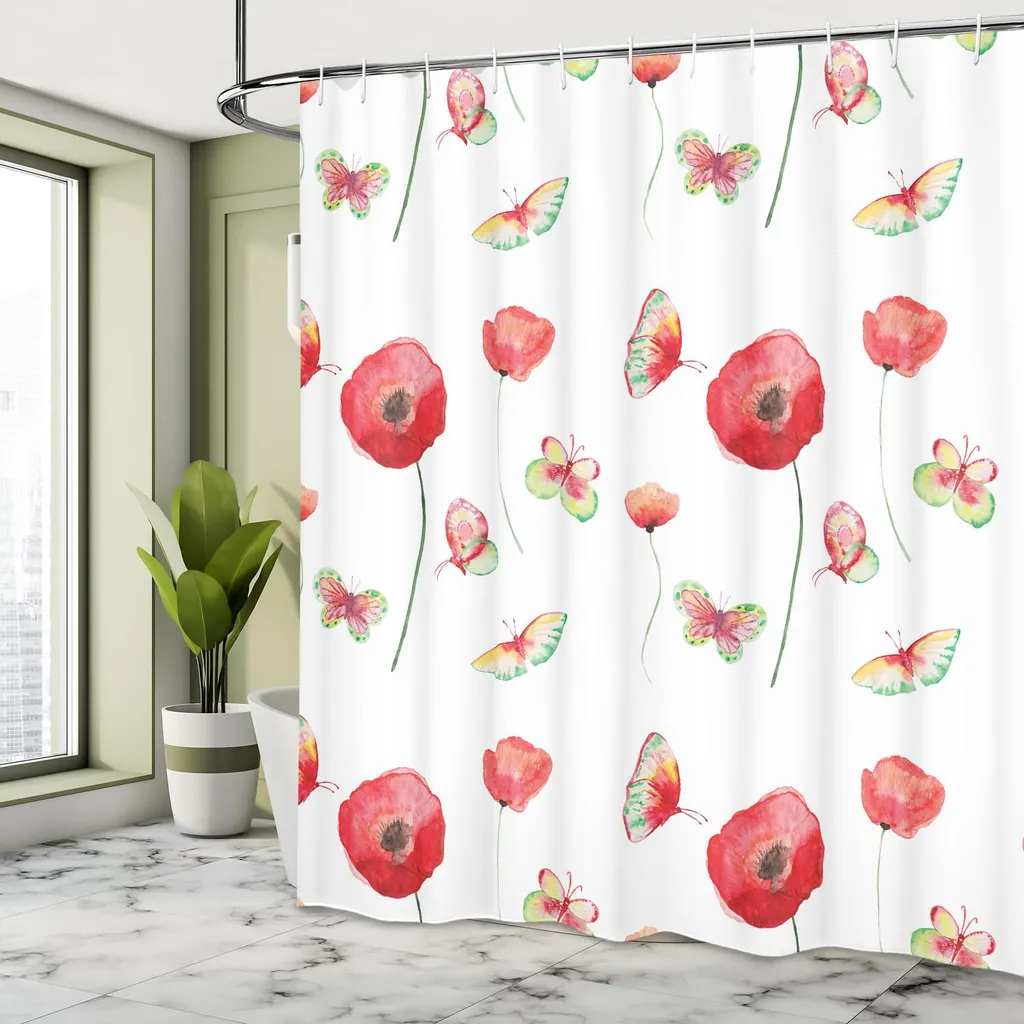 ABAKUHAUS Musica Tenda da Doccia, Note colorate Composizione, Tessuto Set di Decorazioni per il Bagno con Ganci, 175 x 200 cm, Giallo Rosa