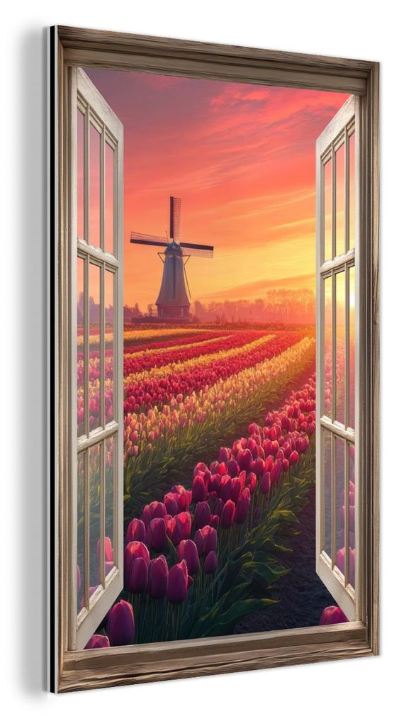 MuchoWow Wanddekoration Metall Metallbild Wandkunst 80x120 cm Ausblick - Tulpen - Sonnenuntergang - Blumen - Bunt MuchoWow Aluminium Gemälde - Bilder
