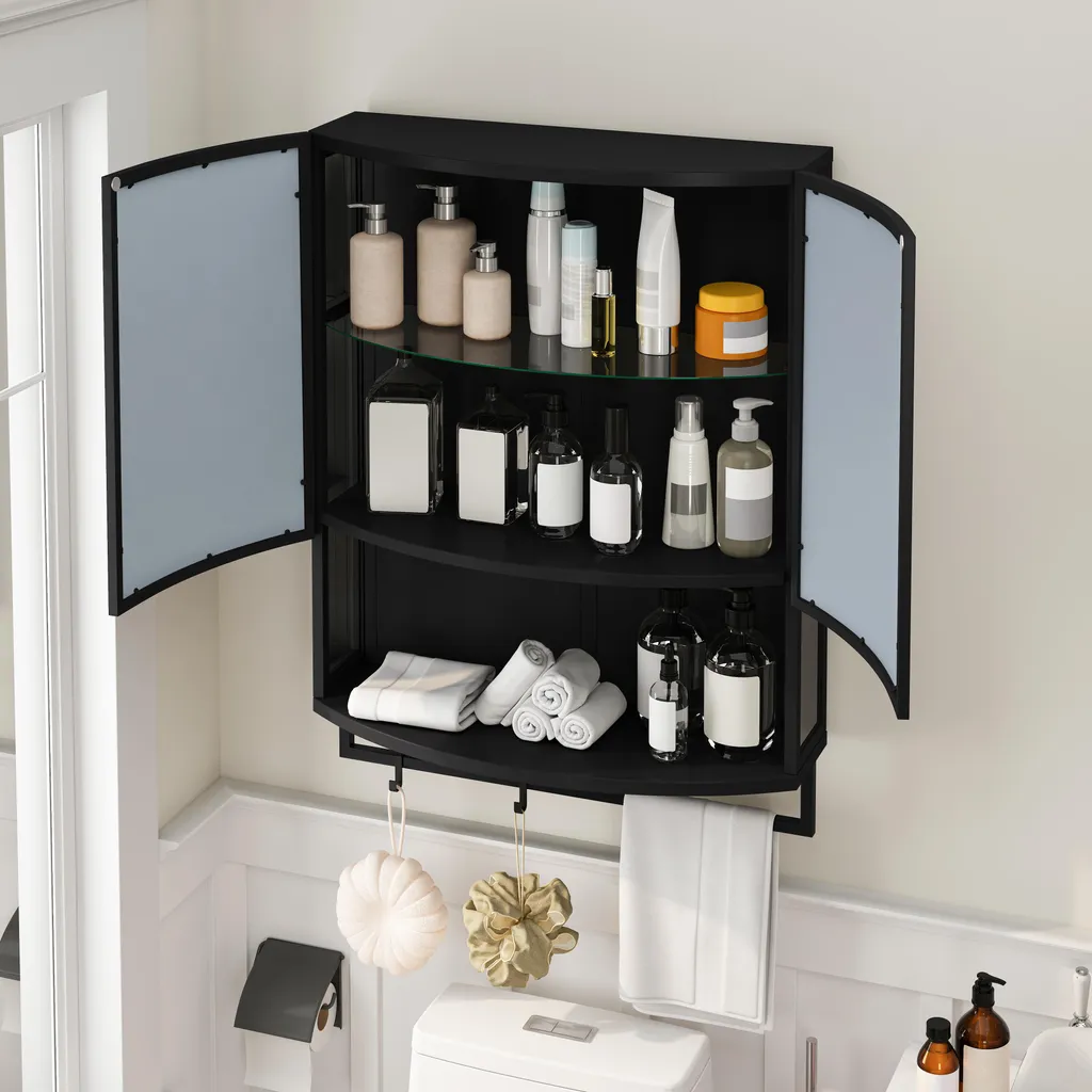 Meuble de rangement mural noir pour salle de bain avec double miroir