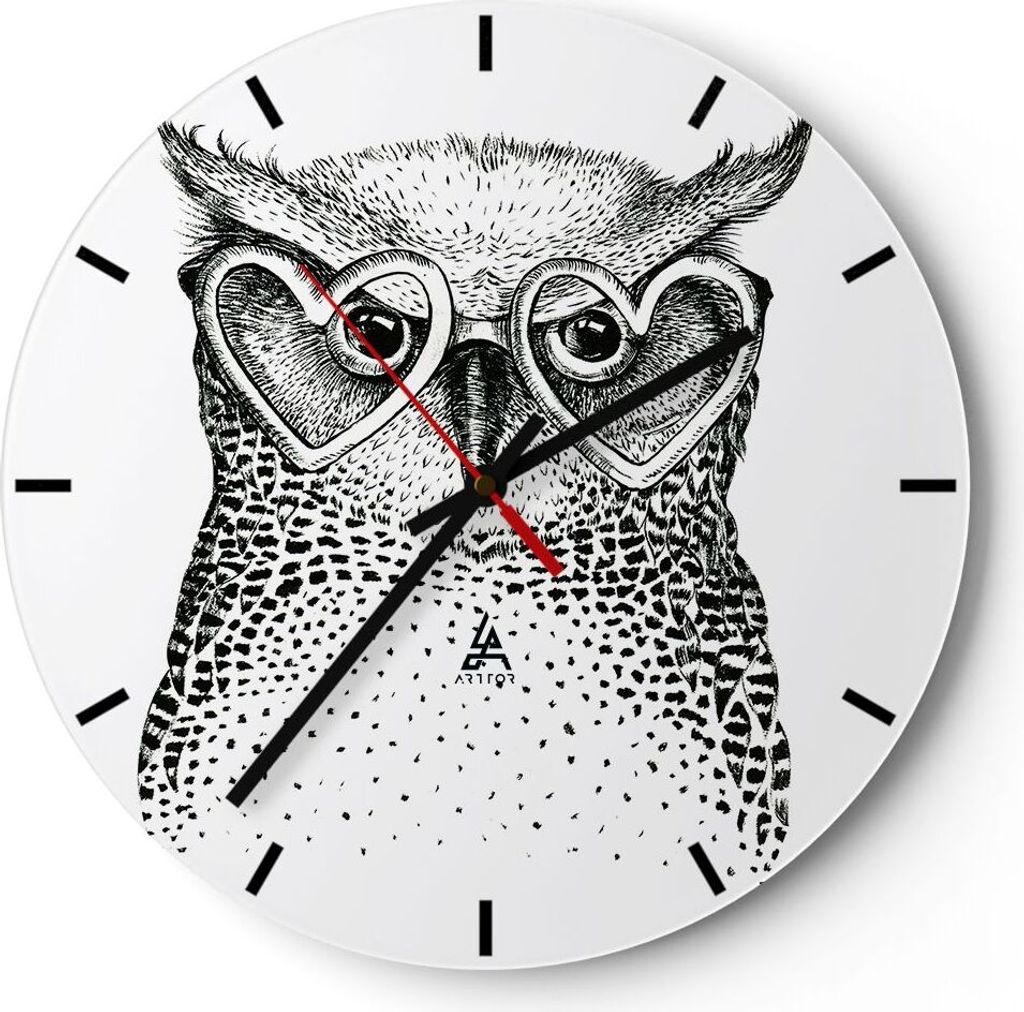 Wanduhr - Rund - Glasuhr - Mode Design Eule Aquarell - 40x40cm - Schleichendes Uhrwerk - Lautlos - zum Aufhängen bereit - Dekoration Modern - Wand...