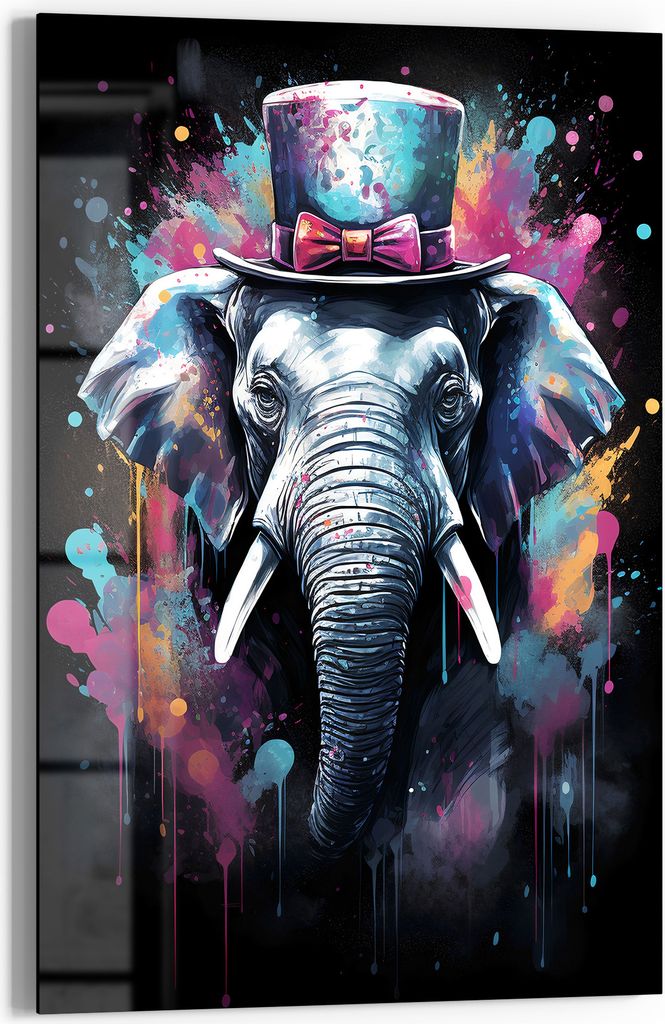 DEQOART Glasbild Echtglas 60x90 cm 'Elefant im Zylinder' Wandbild Bild modern Deko