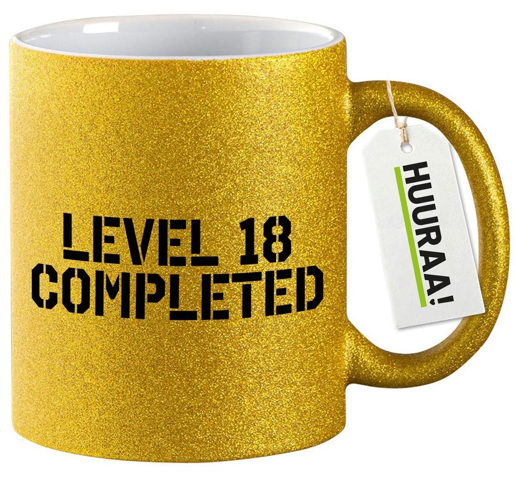 Huuraa Glitzertasse Level 18 Completed 330ml Gold Keramik Kaffeebecher Geschenkidee