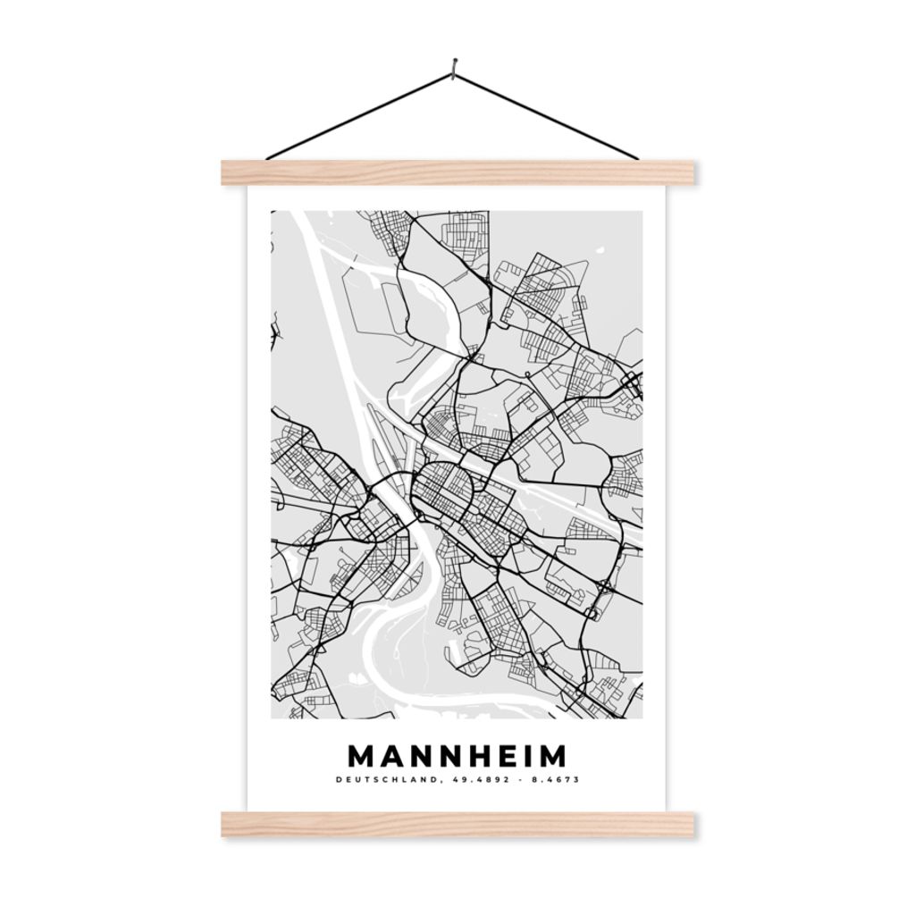 MuchoWow Textilposter Stadtplan - Manheim - Karte - Deutschland - Karte 60x90 cm mit holzfarbenen Rahmen - Textil