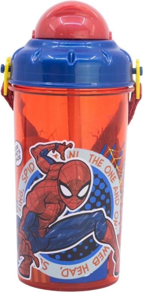 Spiderman Kinder Trinkflasche 465ml mit Strohhalm und Tragegurt