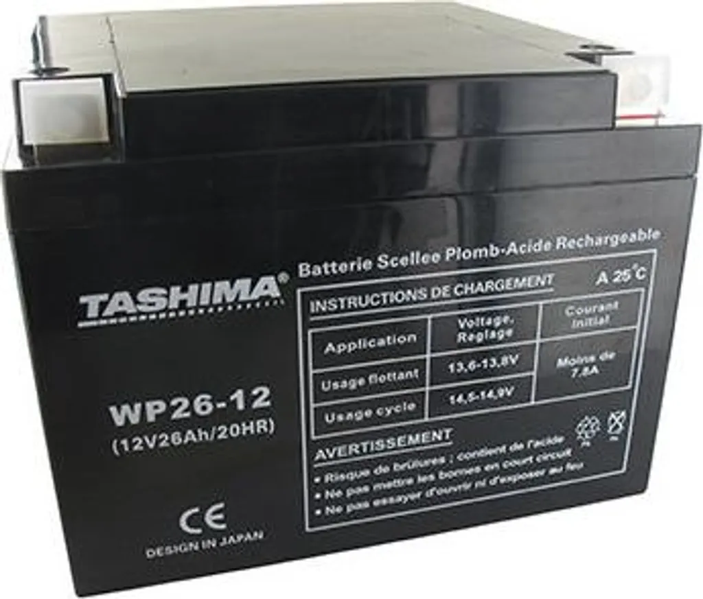 Batterie Tashima 12V 26Ah + à Droite avec Pack Acide - Format 165x175mm