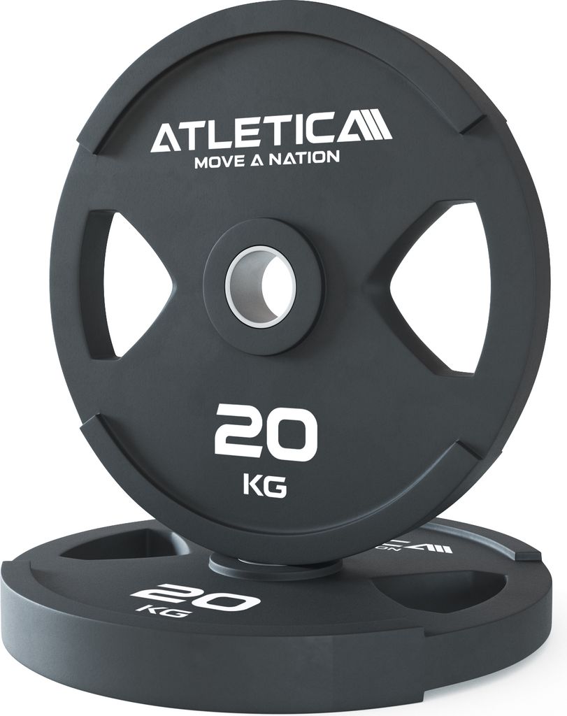 ATLETICA Dual-Gripper Hantelscheiben | 2 x 20kg | Paar | Hohe Ergonomie Bumper Plates durch Zwei-Griff Design | Schadstofffrei