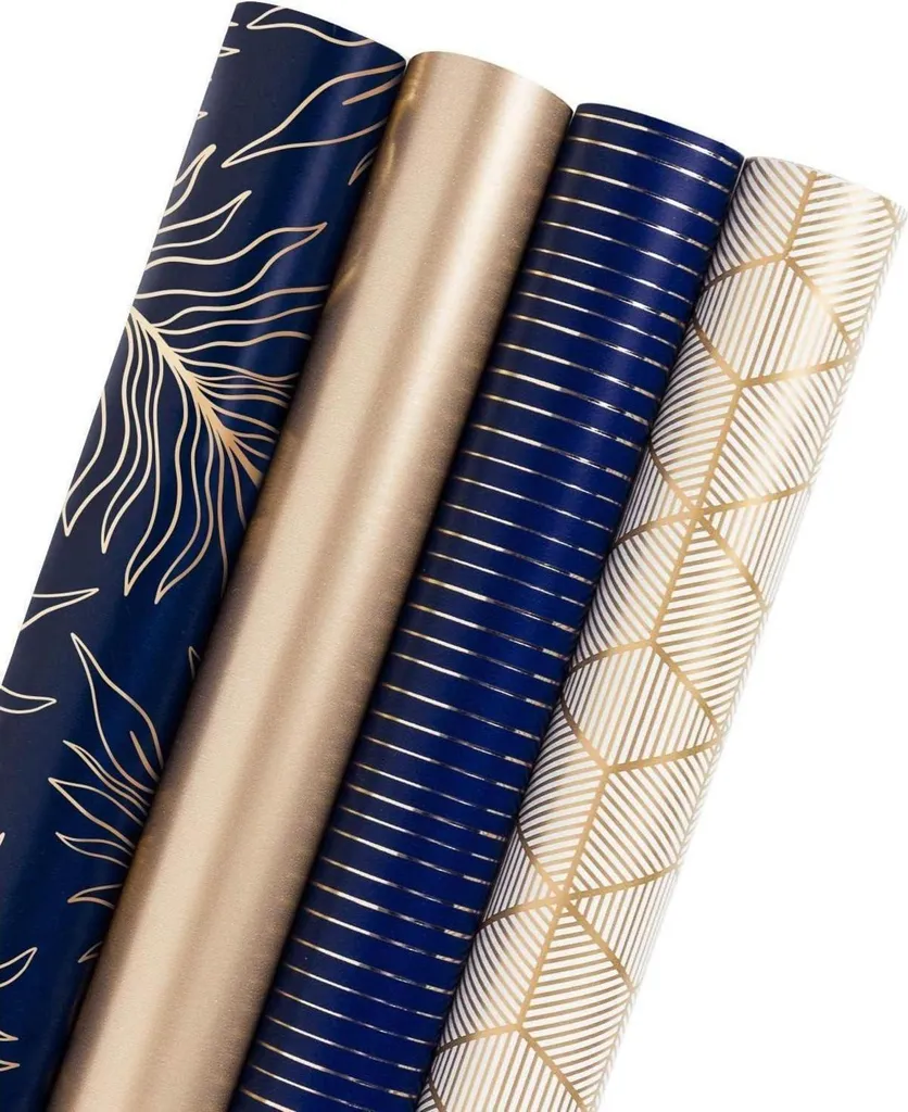 Rouleau Papier Cadeau Or et Bleu Marine - Lot de 4 pour Anniversaire