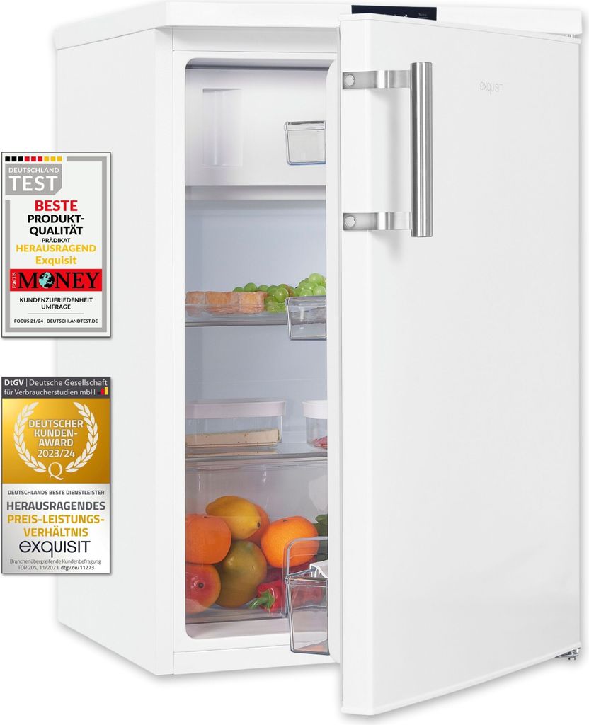 A white refrigerator with its door slightly ajar, revealing shelves stocked with fruits and vegetables. Several award badges are visible on the left side of the image.
