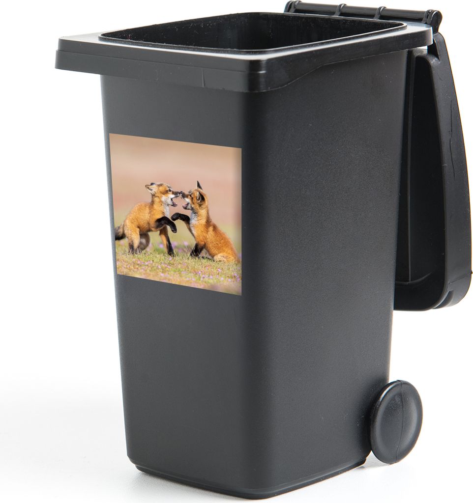 MuchoWow Mülltonnenaufkleber Füchse - Blumen - Porträt 40x40 cm - Abfall-Aufkleber - Container - für Abfallcontainer