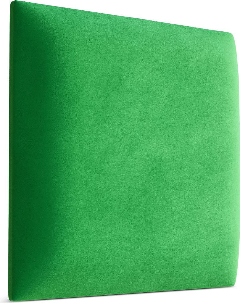 A close-up studio shot of a green upholstered wall panel, showcasing its texture and curved edge.