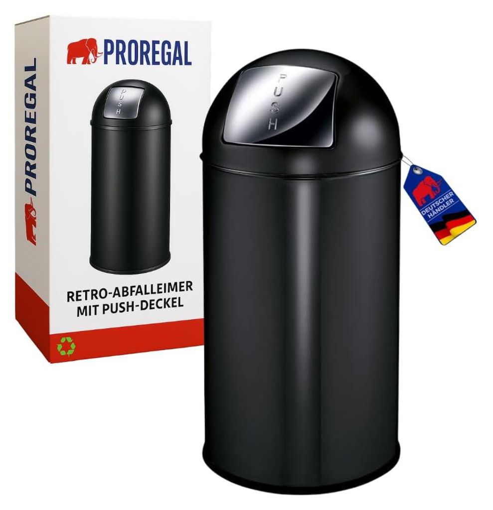 Abfallbehälter mit Pushdeckel & Inneneimer aus Metall | 40 Liter, HxBxT 74x34x34cm | Matt Schwarz