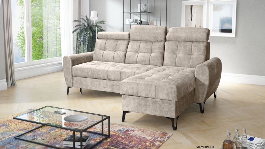 Ecksofa LAVAX auf Beinen mit Kopfstützen und Schlaffunktion, L-Form, rechts, Hellbeige