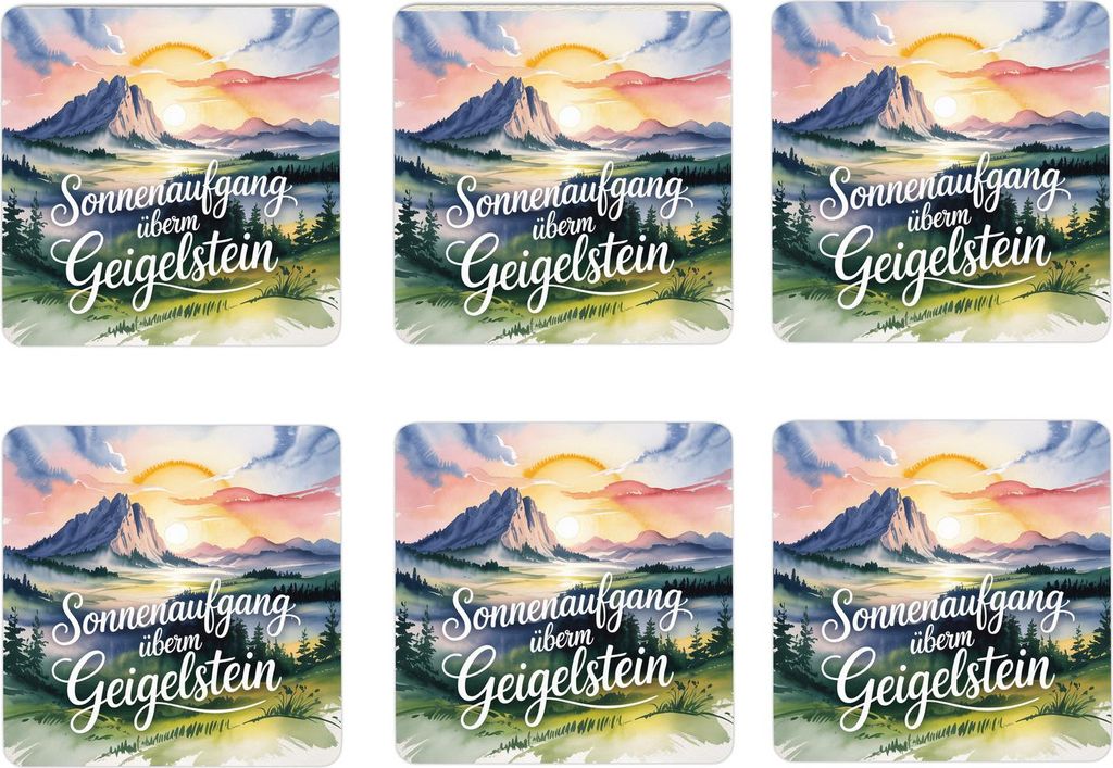Chiemgau Geigelstein 6er Set Untersetzer aus Holz - Sonnenaufgang
