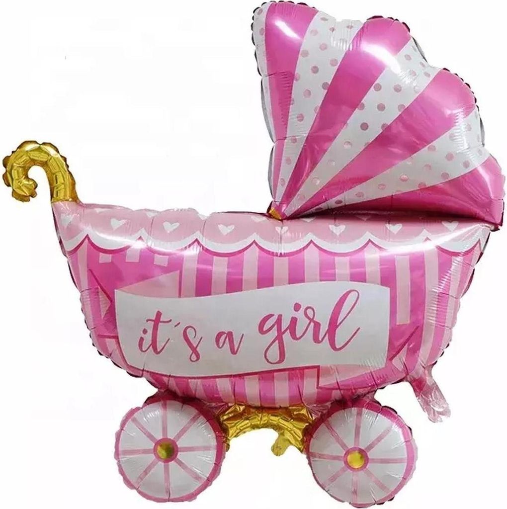 Folienballon Baby Girl, Kinderwagen gestreift, ca. 84 x 97 cm