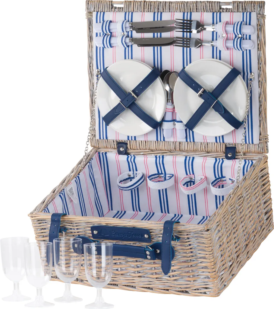 Panier pique-nique 21 pièces CampFeuer avec vaisselle et sangles similicuir