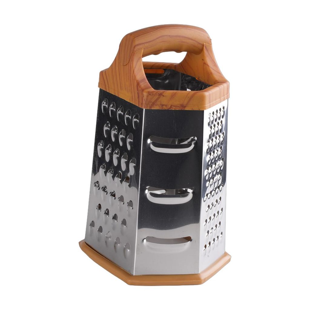 6-seitige Multifunktions-Reibe aus Edelstahl – Universal-Küchenreibe mit Holz-Optik Griff, Antirutsch-Boden, Gemüsehobel & Käsereibe