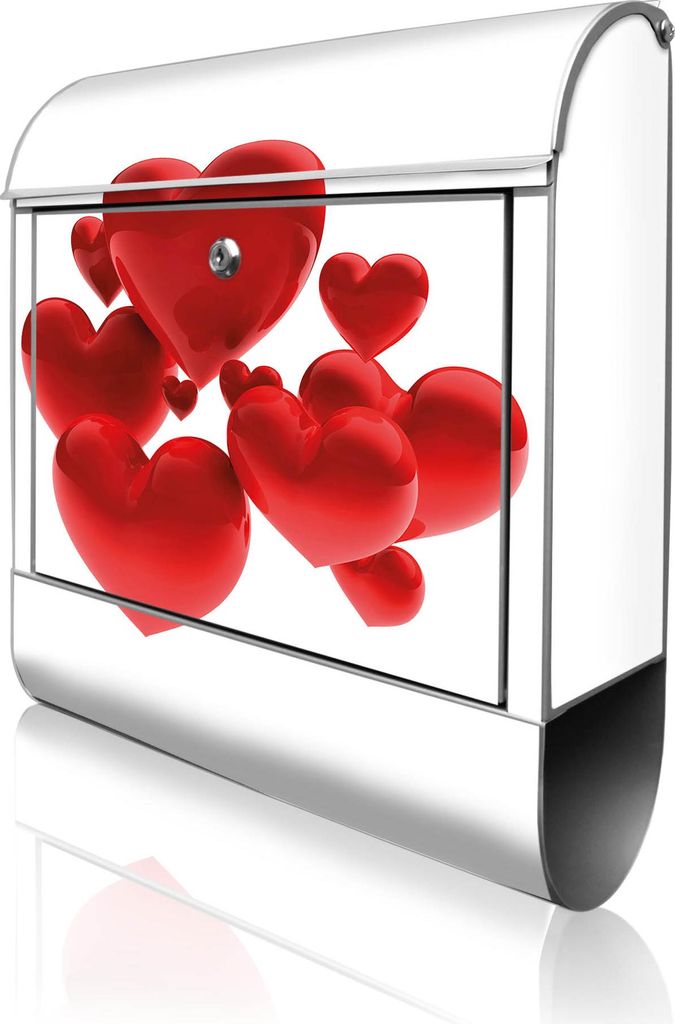 banjado Design Briefkasten Stahl silber mit Zeitungsfach pulverbeschichtet "Fliegende Herzen" 38x46x12,5cm & 2 Schlüssel - Postkasten A4 Einwurf i...