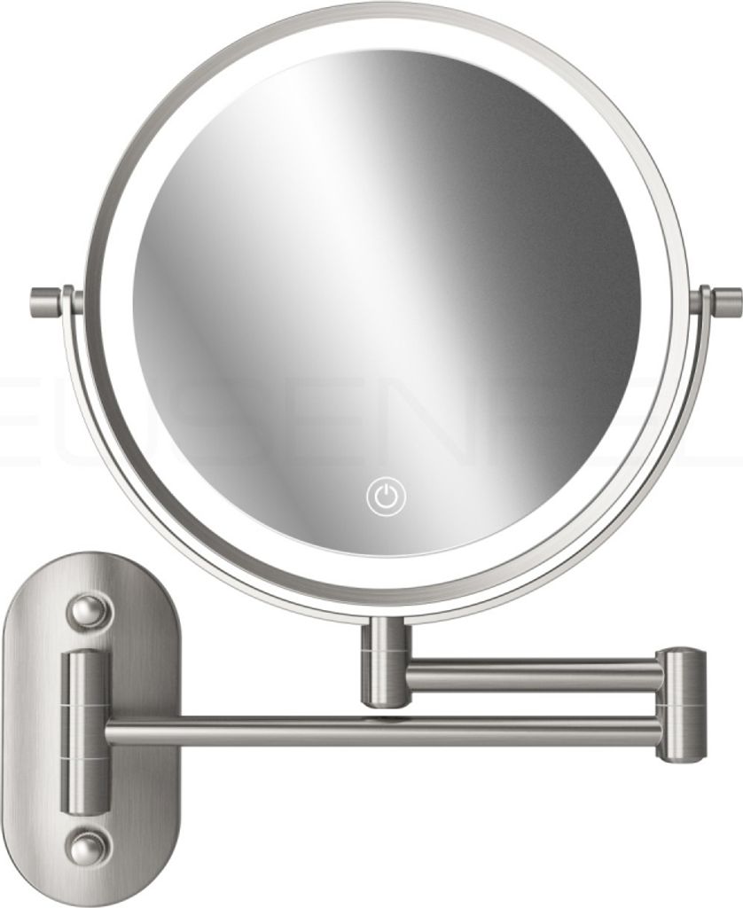 A wall-mounted makeup mirror with LED lighting.
