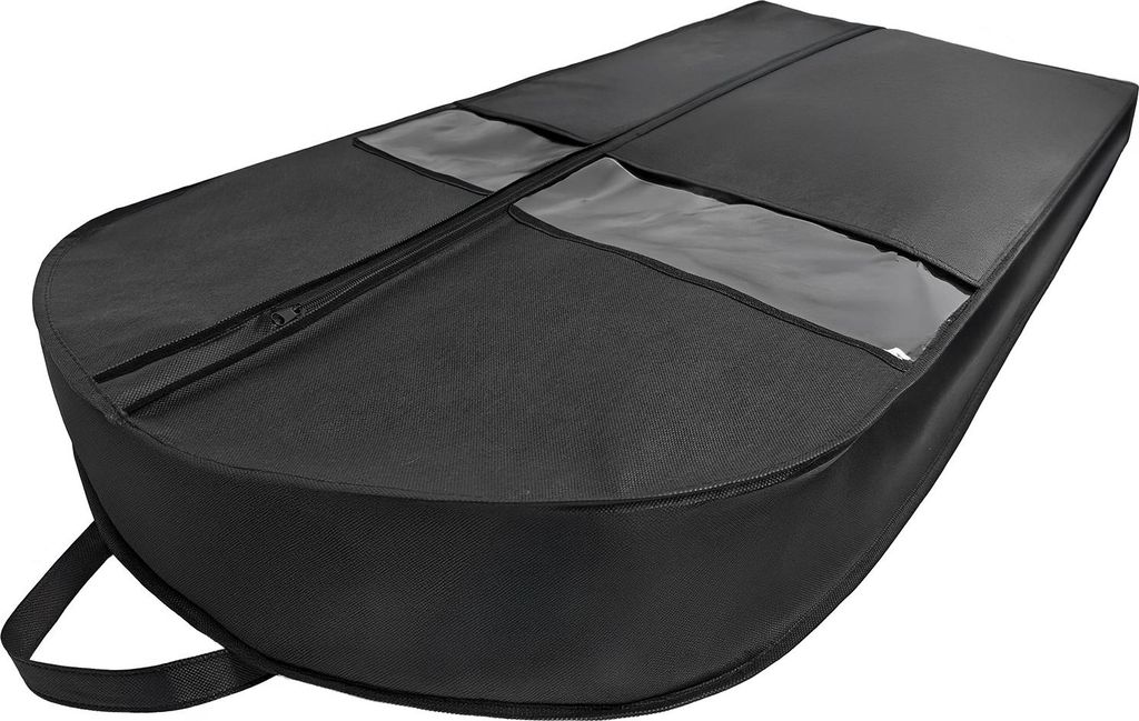 A black garment bag is shown against a white background.