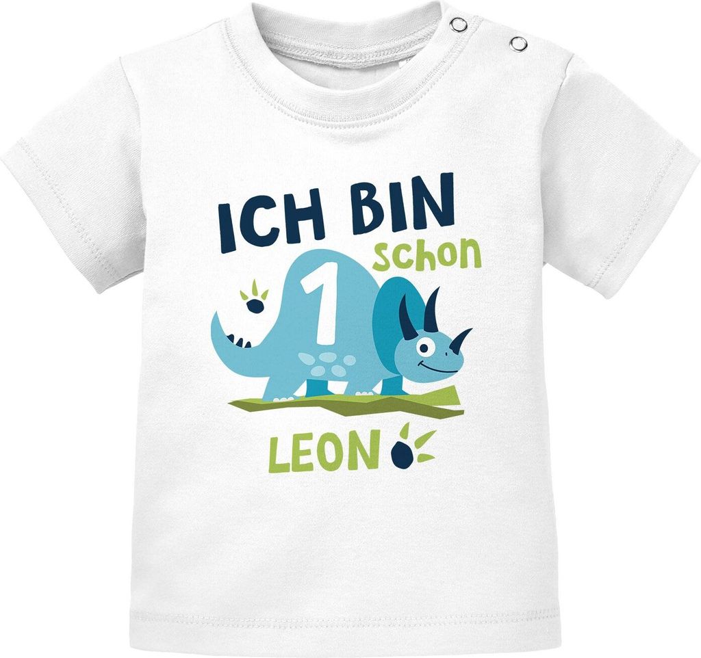 Baby T-Shirt mit Namen und Zahl 1 / 2 Geschenk zum Geburtstag Dinosaurier Dino für Jungen SpecialMe 1 Jahr weiß 68/74 (4-9 Monate)