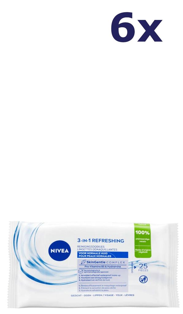 6x Nivea 3 In 1 Refreshing Cleansing gezichtsreinigingsdoekjes 25st