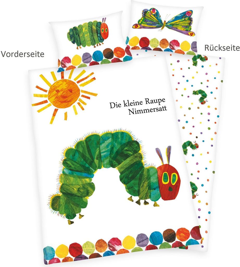 A bedding set featuring "The Very Hungry Caterpillar" design, showing the front and back sides.
