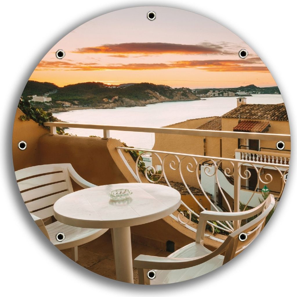 Wallario rundes Outdoor-Poster für Garten oder Balkon, Motiv Sommer in Spanien - Ausblick von einer schönen Terrasse auf das Meer, 30 cm Durchmesser