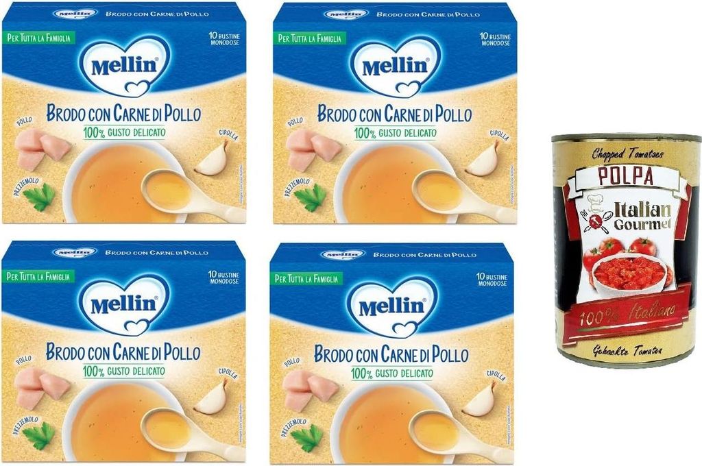 Mellin Brodo con carne di pollo 100% Gusto Delicato, per tutta la famiglia Brühe mit Hühnerfleisch 100% delikater Geschmack, für die ganze Famil...