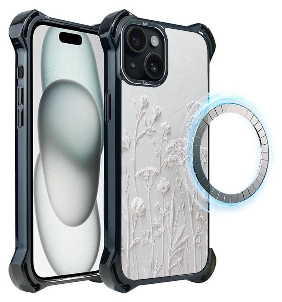 Schutzhülle für das iPhone 15, MagSafe-kompatibel, verstärkte Ecken, schwarz, getrocknete Wildblumen