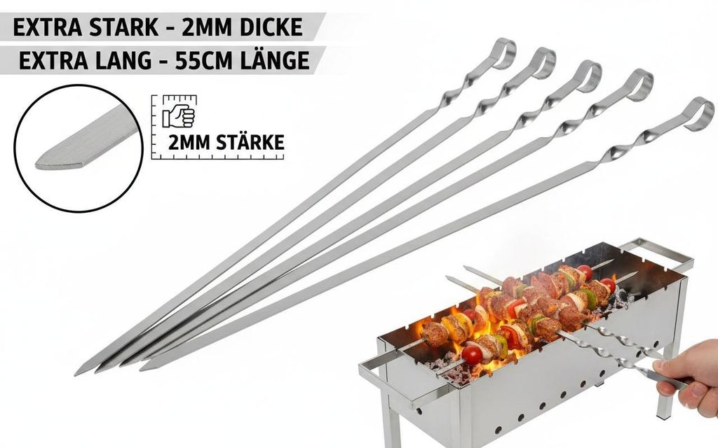 20 Stk. Schaschlikspieße Edelstahl 55 cm – 2 mm Extra Stark – 1 cm Breit – Besonders Stabil & Formfest – Rostfreie Grillspieße für Fleis...