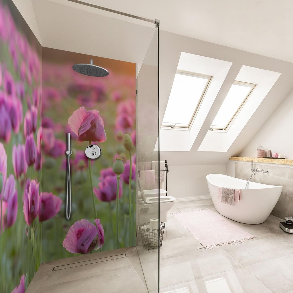Duschrückwand Blumen selbstklebend - 0.35 mm Wandpaneel wasserfest Blumenwiese violett Motiv Badrückwand fugenlos Smart matt 100x210 cm