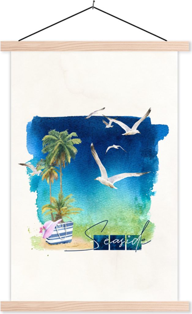 MuchoWow Textilposter Strandtasche - Vogel - Palme - Strand 60x90 cm mit holzfarbenen Rahmen - Textil