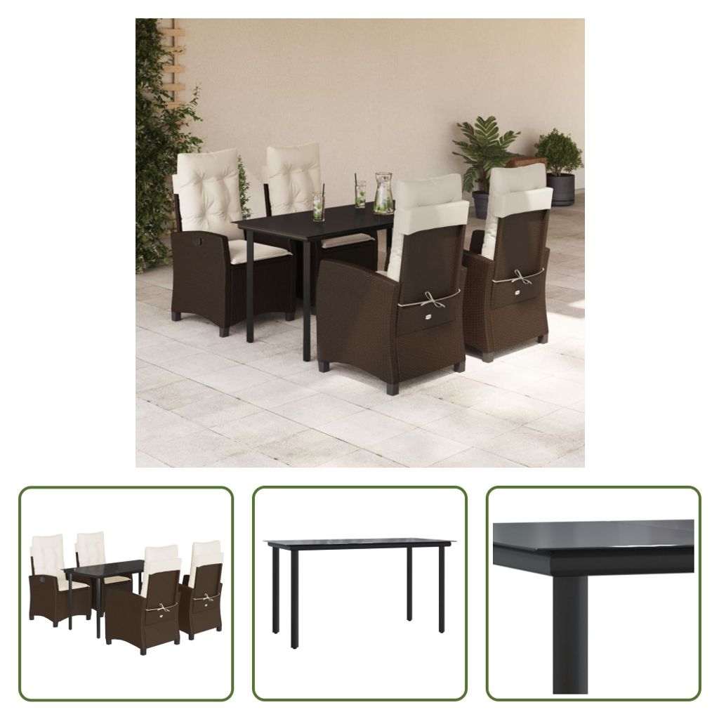 The Living Store 5-tlg. Garten-Essgruppe mit Kissen Braun Poly Rattan