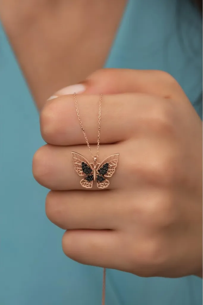 Collier papillon en argent sterling 925 et zircone noire plaqué or rose