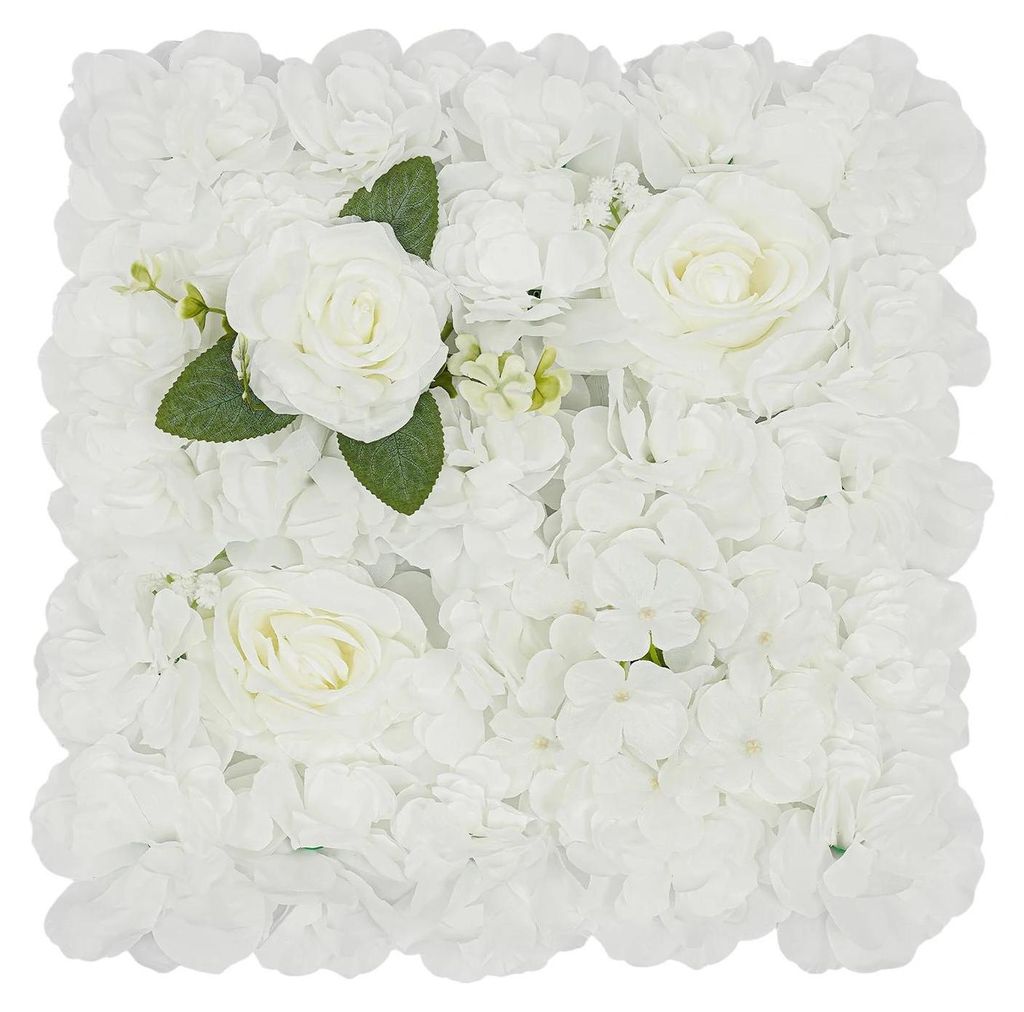 Künstliche Blumenwand - Paneel-Set 12 Stück - 3D Hortensie & Rose - Seidenblumen - Für Innenbereich - Brautparty & Wohndeko - Weiß + Grün