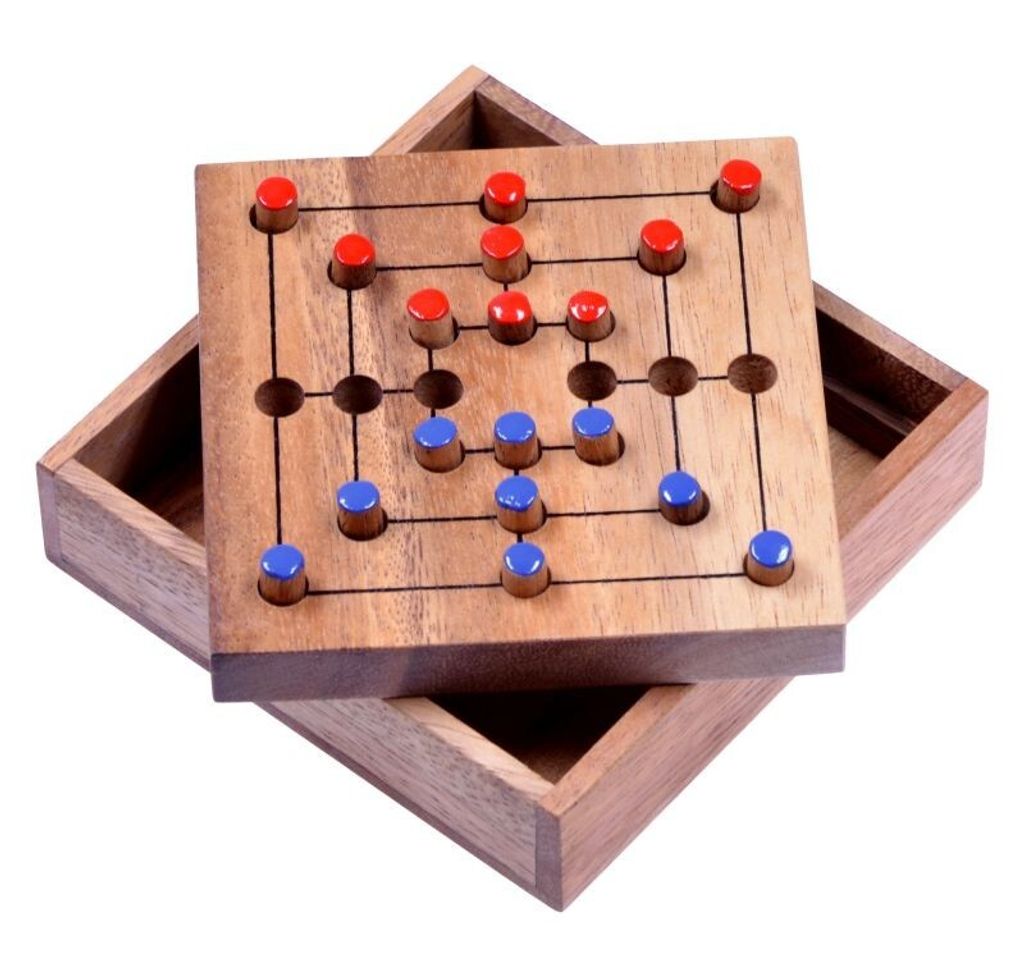 A wooden Nine Men's Morris game board with red and blue playing pieces, placed inside its wooden storage box.