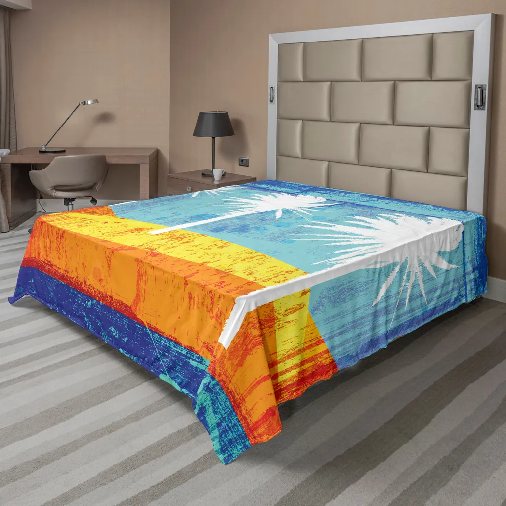 Linge de lit : Drap plat décoratif motif palmiers et vagues 260 x 228 cm