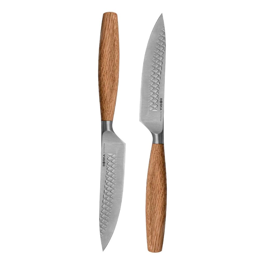 Boska Steakmesser-Set Oslo+ / 2er-Set / Edelstahl-Messerset / Zum Schneiden von Fleisch(ersatz), Fisch, Gemüse / Non-stick / Europäisches Eichenholz