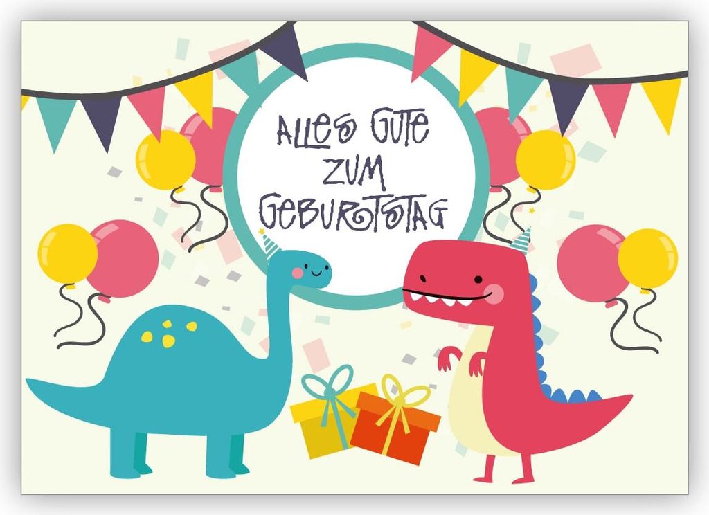 coole Geburtstagskarte mit Dinosauriern in Party Stimmung und mit Luftballons: Alles Gute zum Geburtstag