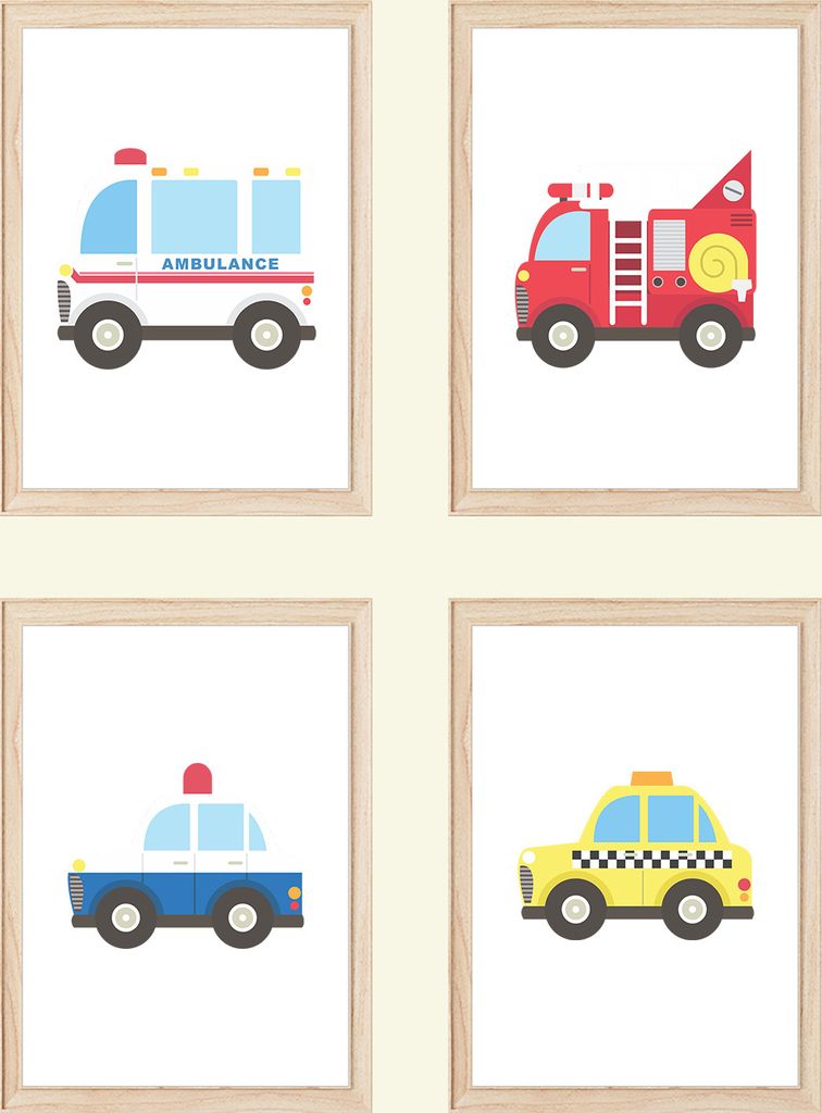 Krankenwagen Feuerwehr Polizei Taxi Autos 4er Set Kinderzimmer Bilder DIN A4 Poster Babyzimmer Wandbilder Dekoration