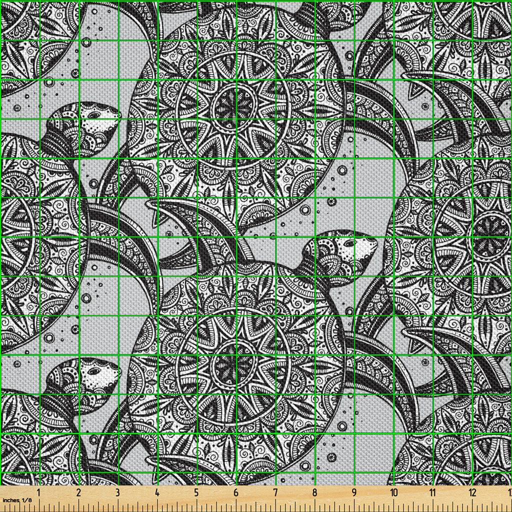 ABAKUHAUS Schildkröte Satin Stoff als Meterware, Monochrom detaillierte handgezeichnete orientalische Motiv Mandala inspiriert Muscheln, 10 M (148...
