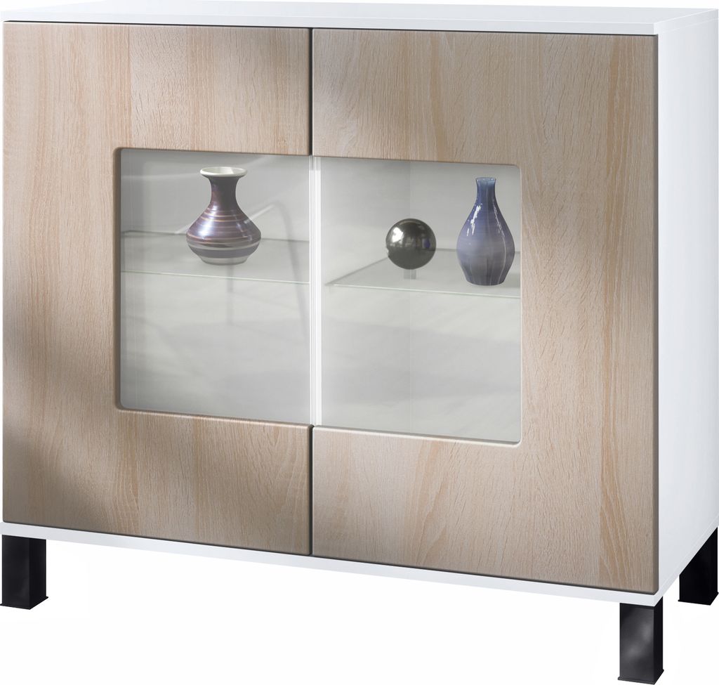 Vladon Kommode Grömitz V3, Moderner Küchenschrank mit 2 großen Glastüren inkl. RGB Beleuchtung Weiß matt / Eiche sägerau (92,5 x 84.5 x 35)